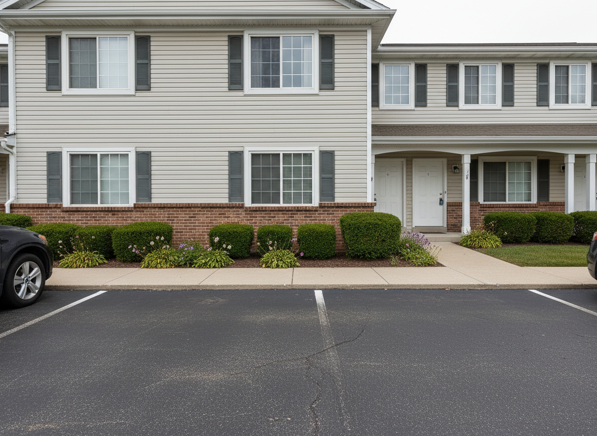 A detailed, photographic close-to-mid-range shot of a tidy townhouse building representative of Lot 400 in Crystal Lake, Illinois, with neutral beige siding, white trim, and a modest brick foundation. Small shrubs and perennial plants line the base of the building, and a simple concrete walkway leads from the asphalt parking area toward the front entries, which are not prominently featured. Overcast daylight creates soft, even lighting with minimal harsh shadows, emphasizing neatness and clarity. Captured straight-on at eye level, the composition highlights the building facade and landscaped edge, with parked vehicles subtly blurred in the background. The mood is practical, organized, and professional, conveying the physical property that the HOA manages without including people or signage.