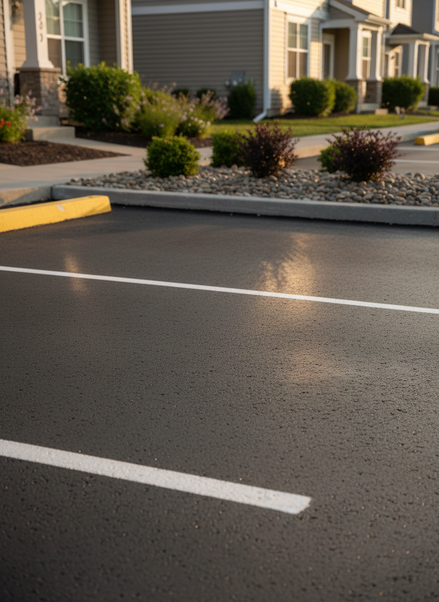 A photographic close-up of a clean, clearly marked residential parking lot within an HOA community, symbolizing shared assets and maintenance. The subject is a stretch of fresh asphalt with bright white parking lines and a yellow-painted curb near a small landscaped island containing decorative stones and hardy shrubs. The background shows the lower portion of adjacent townhome buildings in soft focus, with neutral siding and tidy foundation plantings. Early evening golden-hour light adds a subtle warm glow to the asphalt and foliage, creating delicate reflections and long, gentle shadows. Shot from a low angle along the parking lines, the composition emphasizes perspective and order, conveying a sense of organization, safety, and diligent upkeep by the homeowners association.