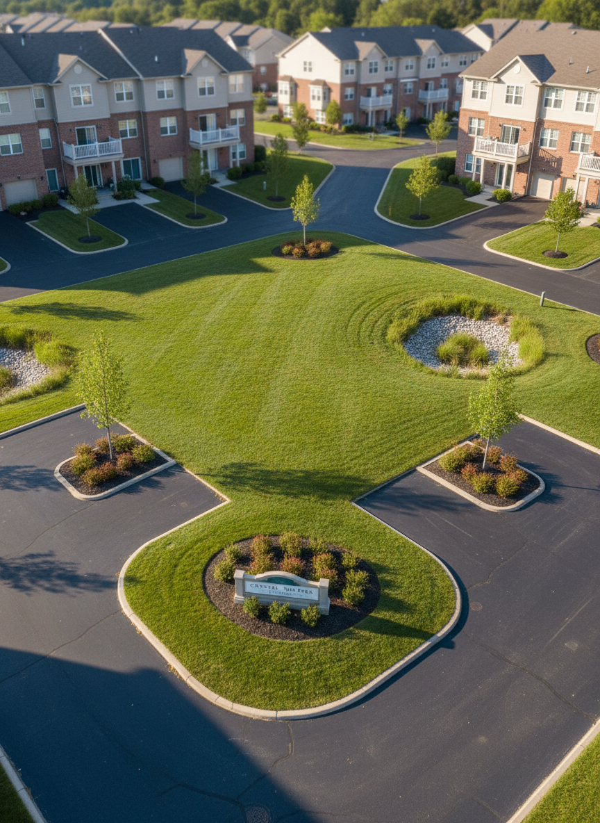 A photographic overhead or slightly elevated view of the shared common area grounds within a townhouse community, symbolizing Crystal in the Park Unit 2. The image features a broad patch of neatly mowed grass bordered by asphalt, small landscaped islands with low-maintenance shrubs, and a retention basin or subtle depression that suggests stormwater management. Late-morning natural light illuminates the scene evenly, with gentle highlights on the grass blades and soft shadows from a few small trees. The composition uses an asymmetrical balance, guiding the eye from the green space toward the surrounding residential buildings at the edges of the frame, slightly softened. The atmosphere is orderly and well-managed, reinforcing the HOA’s responsibility for common property and infrastructure.