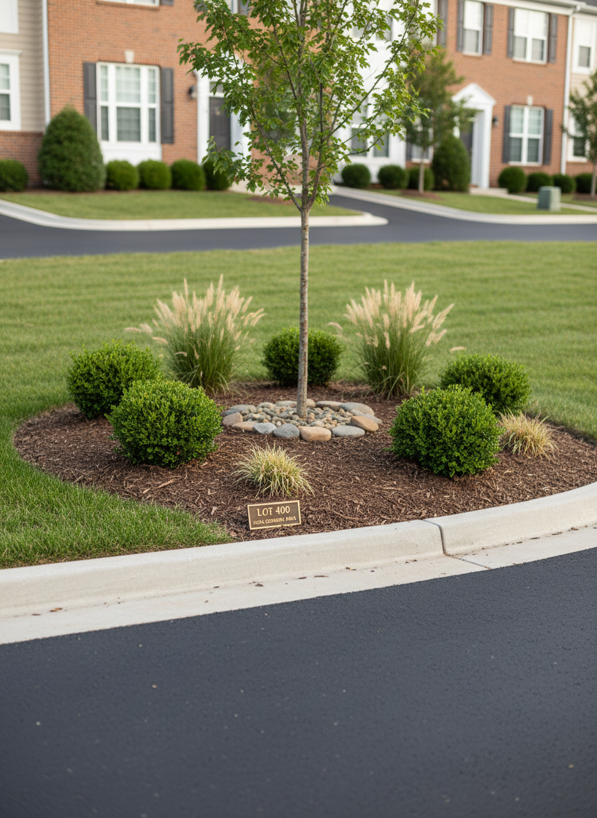 A photographic, detail-oriented image of a neatly landscaped corner of common property in a Crystal Lake-style townhouse community. The scene focuses on a small mulched bed with low green shrubs, a few ornamental grasses, and a young tree, bordered by a crisp concrete curb separating it from the adjoining asphalt drive. Small river stones are carefully arranged around the tree base, and the grass beyond is uniformly trimmed. Soft, diffused afternoon light creates even illumination with subtle shadows that highlight texture in the bark, mulch, and foliage. Captured at a slightly elevated angle with a shallow depth of field, the foreground landscaping is sharply in focus while the background buildings gently blur, creating a calm, professional mood that reflects attentive HOA stewardship of Lot 400.